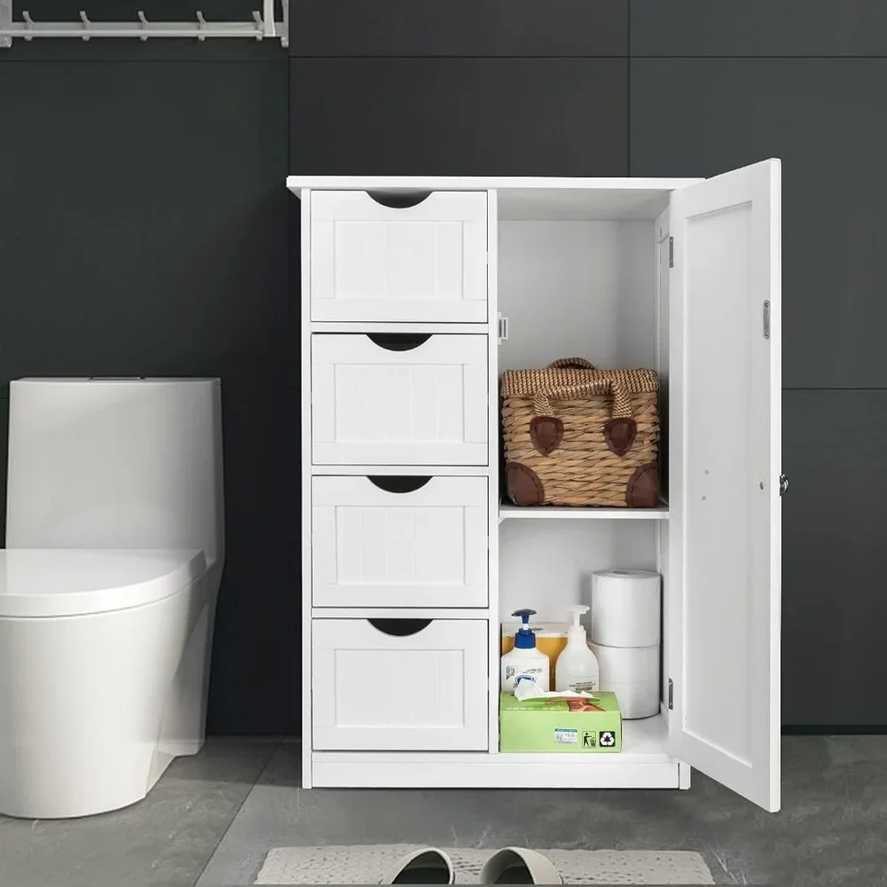 Small Wooden White Storage Cabinet 4 Drawers and 1 Cupboard Adjustable Shelf